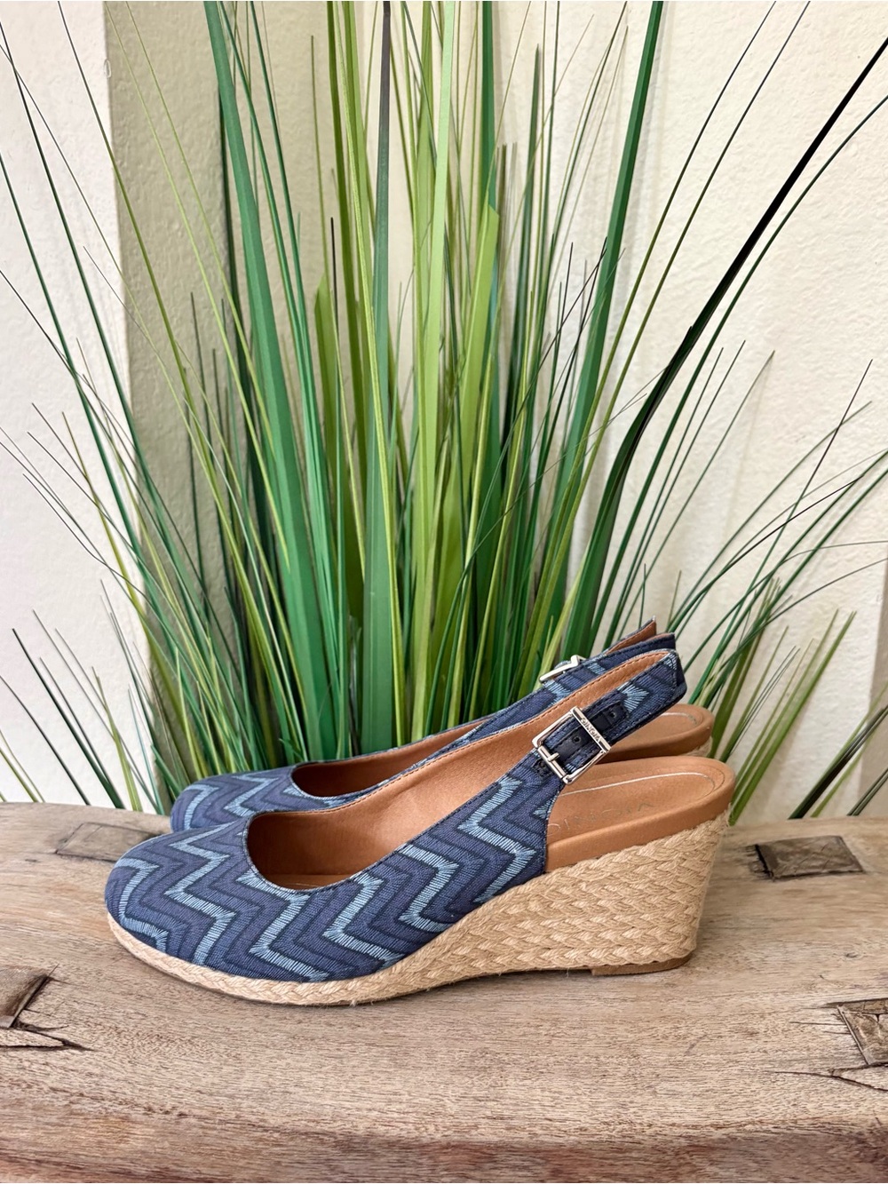 Vionic Blue Chevron Wedge Slingback